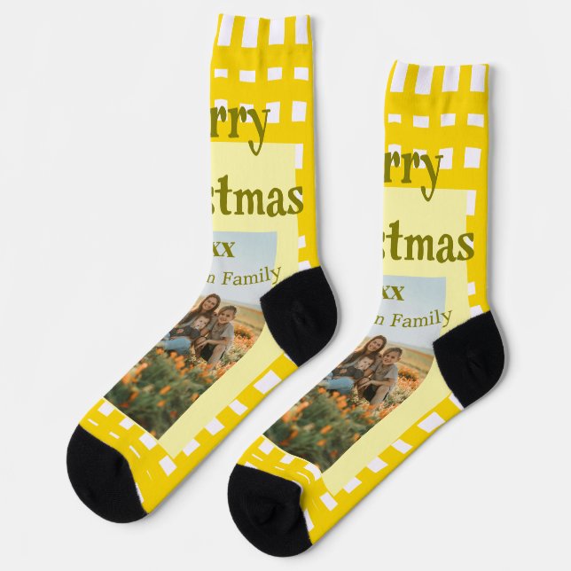 Yellow white plaid retro Christmas holiday family  Socken (Linkes Detail)