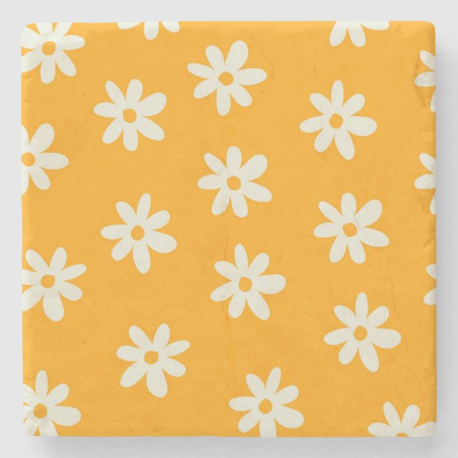 Yellow White Retro Y2K Blume Muster Steinuntersetzer (Vorderseite)