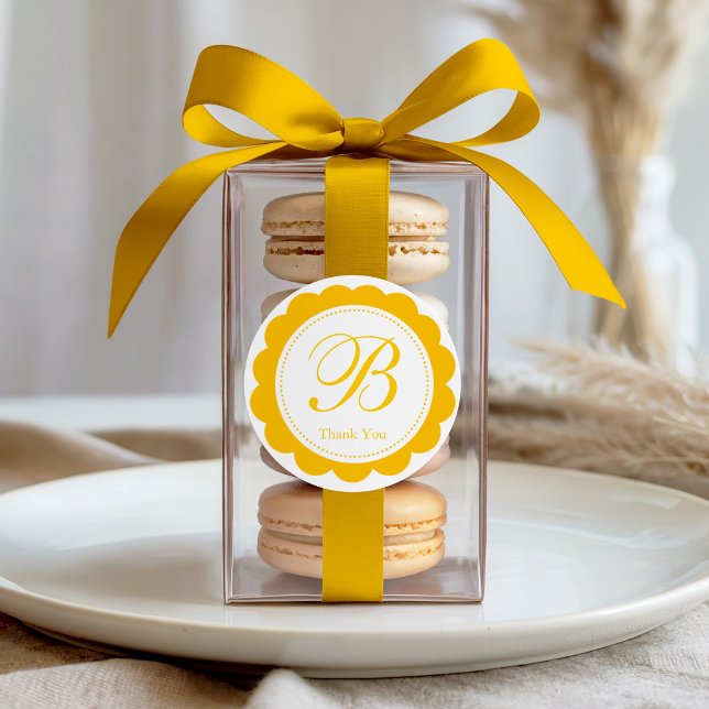 Yellow White Scalloped Circle Monogram Vielen Dank Runder Aufkleber (Von Creator hochgeladen)