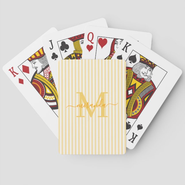 Yellow & White Striped Monogram Name Spielkarten (Rückseite)