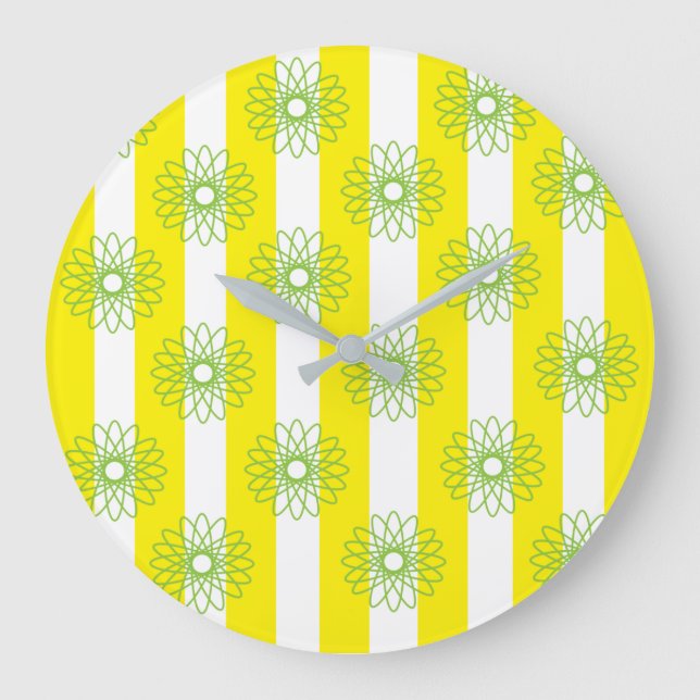 Yellow White Stripes Floral Große Wanduhr (Vorderseite)