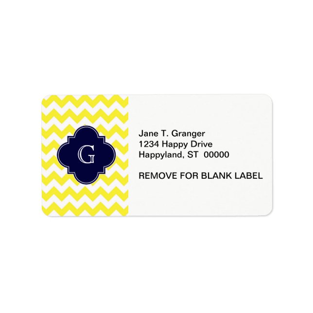 Yellow WhZickzack Navy Blue Quatrefoil Monogramm Adressaufkleber (Vorne)