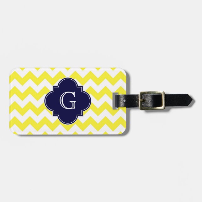 Yellow WhZickzack Navy Blue Quatrefoil Monogramm Gepäckanhänger (Vorderseite horizontal)