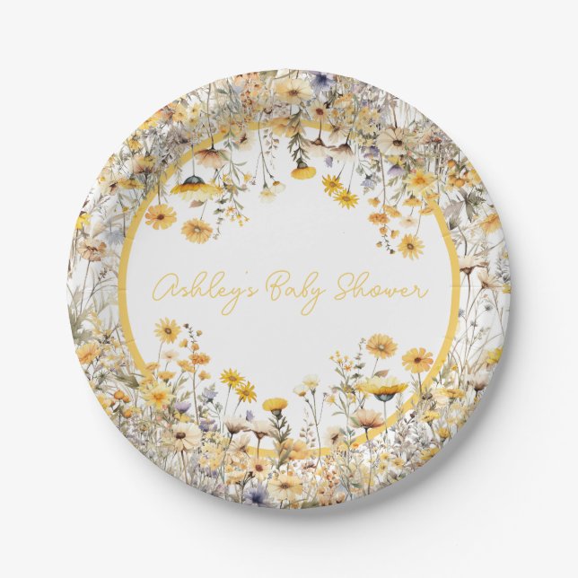 Yellow Wildblume Boho Personalisiert Baby Dusche Pappteller (Vorderseite)
