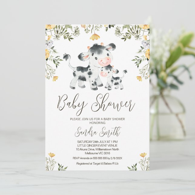 Yellow Wildblume Kuh Calf Babydusche Einladung (Stehend Vorderseite)