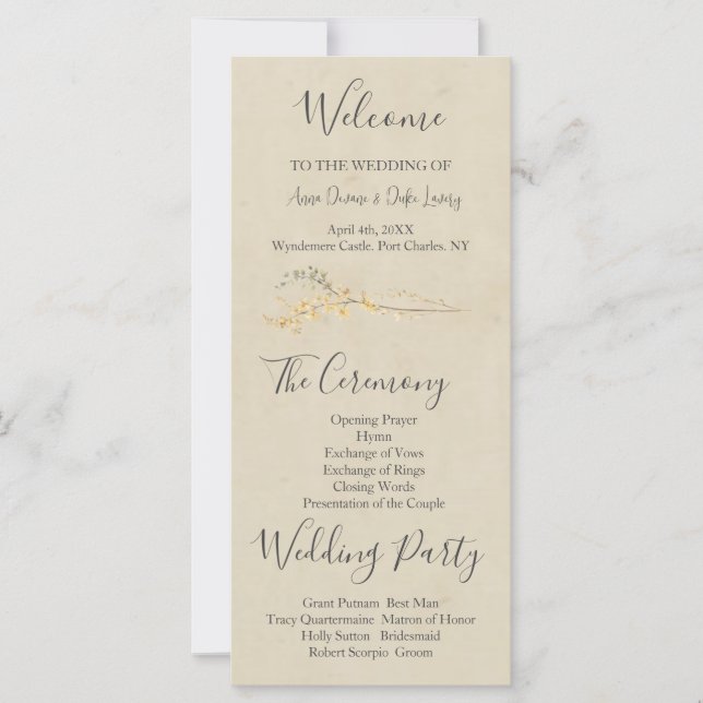 Yellow Wildblume Wedding Program (Vorderseite)