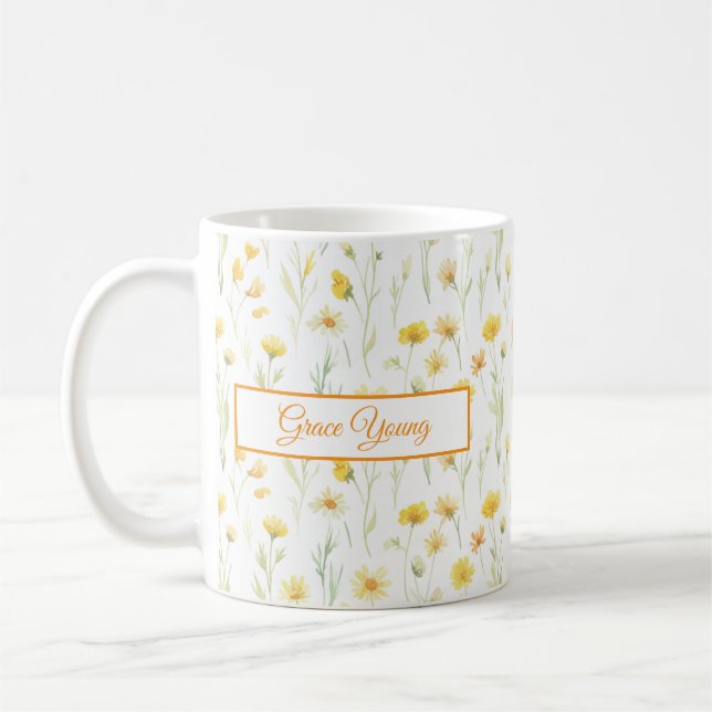 Yellow Wildflower Watercolor Name Banner Design Kaffeetasse (Links)