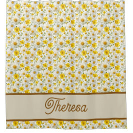 Yellow Wildflowers Pattern Monogram Name Duschvorhang