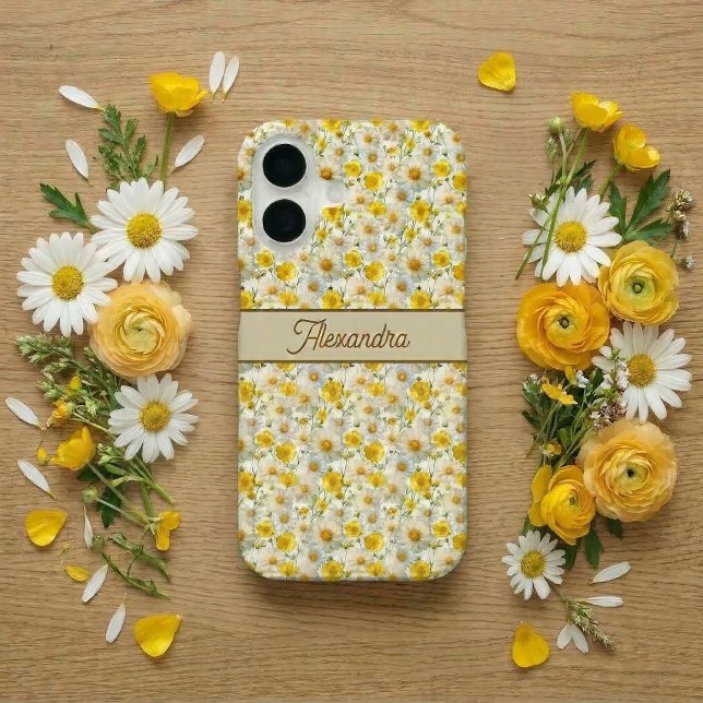 Yellow Wildflowers Pattern Monogram Name iPhone 16 Hülle (Von Creator hochgeladen)