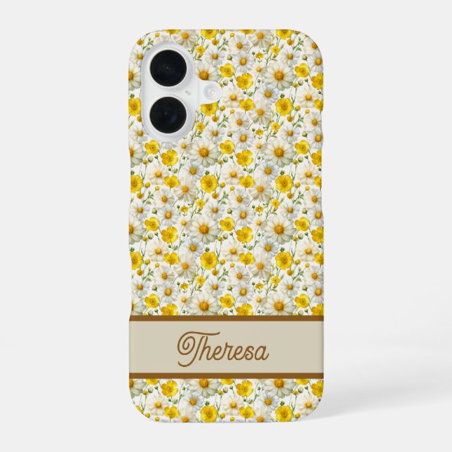 Yellow Wildflowers Pattern Monogram Name iPhone 16 Hülle (Rückseite)