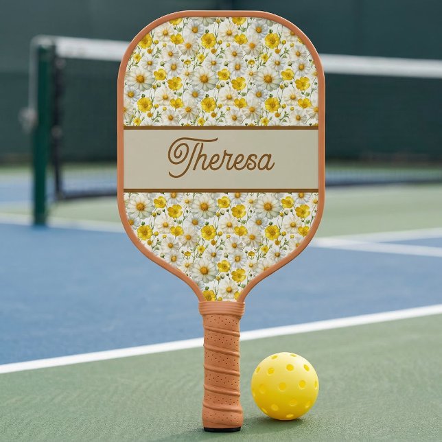 Yellow Wildflowers Pattern Monogram Name Pickleball Schläger (Von Creator hochgeladen)