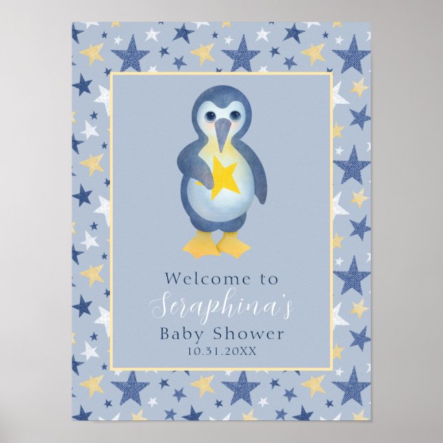 Yellow Winter Star Pinguin Babydusche Willkommen Poster (Vorne)