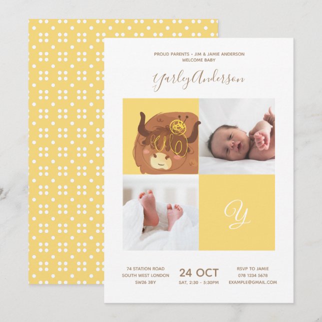 Yellow Yak ・ Alphabet Monogram Niedlich Baby Shoot Einladung (Vorne/Hinten)