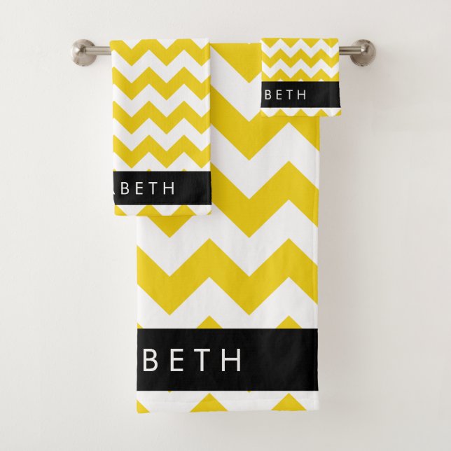 Yellow Zigzag, gelb Zickzack, Ihr Name Badhandtuch Set (Insitu)