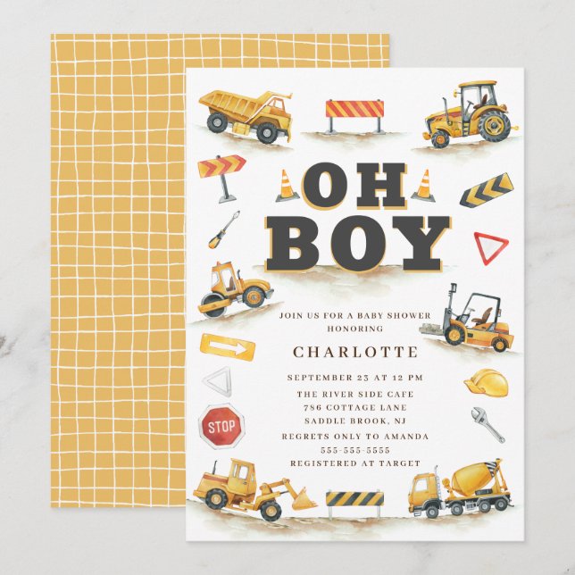 YellowConstruction Truck Baby Shower Einladung (Vorne/Hinten)