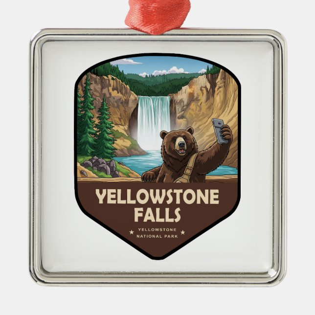 Yellowstone Falls Bear Selfie Shield Ornament Aus Metall (Vorne)