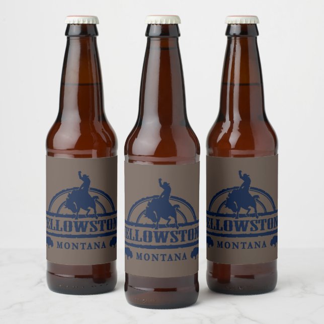 Yellowstone Montana mit Cowboy, Pferd, Buffalo Bierflaschenetikett (Flaschen)