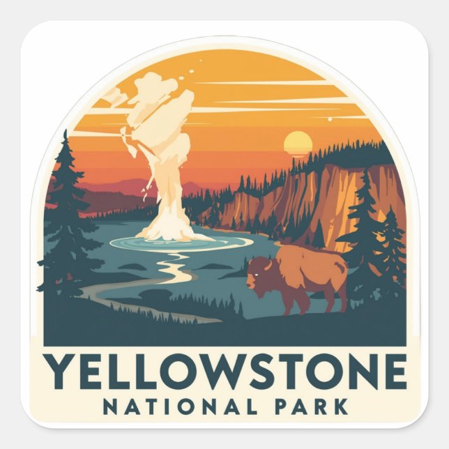 Yellowstone Nationalpark Adventure Design Quadratischer Aufkleber (Vorderseite)