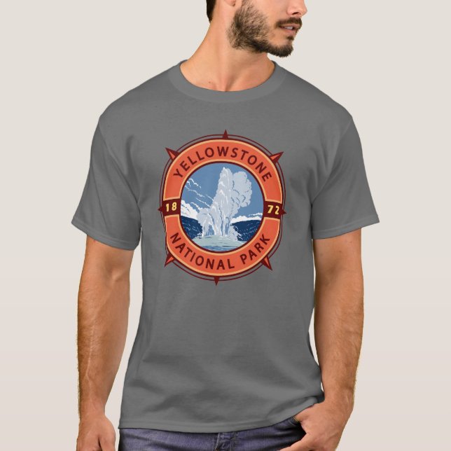 Yellowstone Nationalpark Retro Kompass Emblem T-Shirt (Vorderseite)