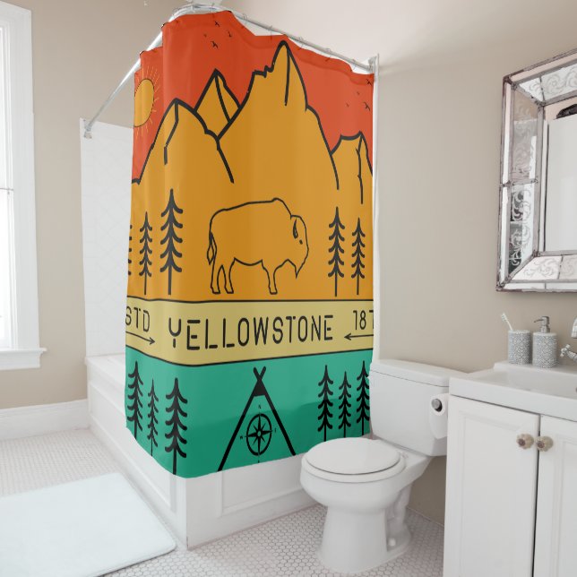 Yellowstone Nationalpark Retro Wyoming USA Bison Duschvorhang (Beispiel)