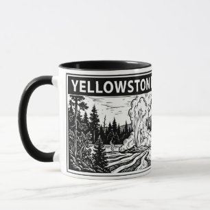 Yellowstone Nationalpark Schwarz Weiß Linolschnitt Tasse