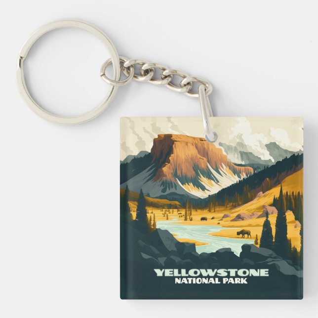 Yellowstone Nationalpark Wyoming Mountains Retro Schlüsselanhänger (Vorderseite)