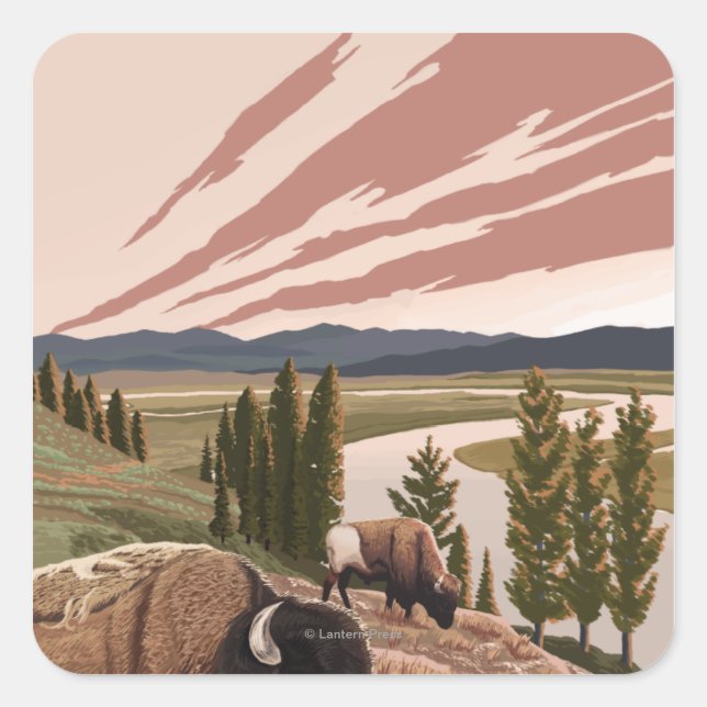 Yellowstone River Bison Vintage Travel Poster Quadratischer Aufkleber (Vorderseite)