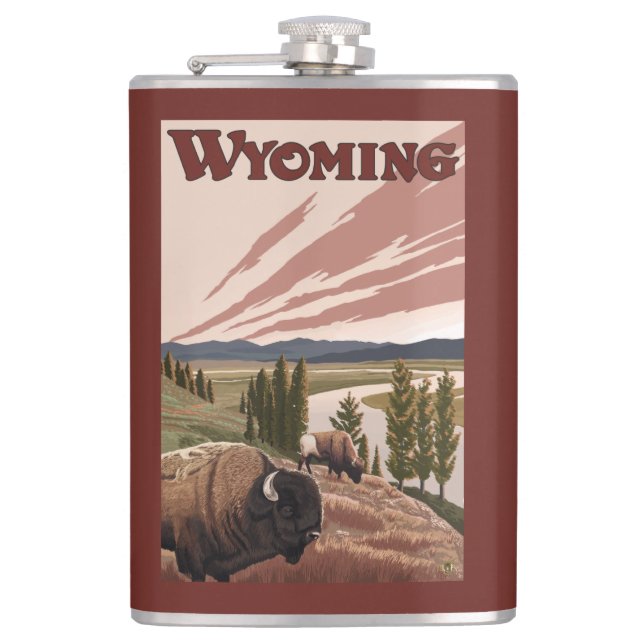 Yellowstone River Bison-Vintages Reise-Plakat Flachmann (Vorderseite)