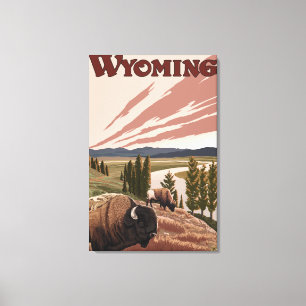 Yellowstone River Bison-Vintages Reise-Plakat Leinwanddruck