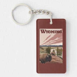 Yellowstone River Bison-Vintages Reise-Plakat Schlüsselanhänger