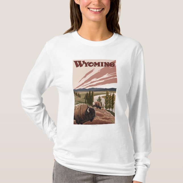 Yellowstone River Bison-Vintages Reise-Plakat T-Shirt (Vorderseite)