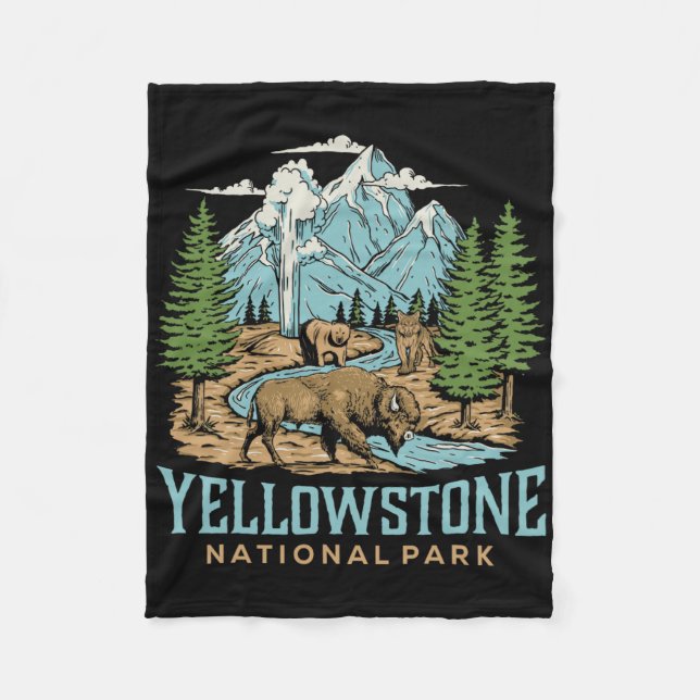 Yellowstone US Nationalpark Wolf Bison Bear Vinta Fleecedecke (Vorderseite)