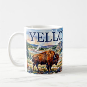 Yellowstone Wasserfarben Bison Geysir Szene Kaffeetasse