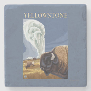 YellowstoneBison mit altem zuverlässigem Steinuntersetzer