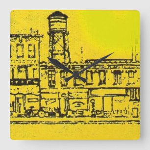 Yellowville houses and homes and water tower quadratische wanduhr
