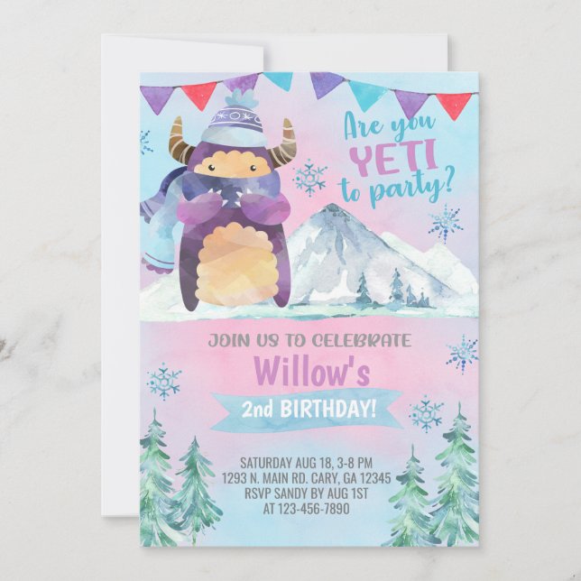 Yeti invitation d'anniversaire fille d'hiver, invi (Devant)