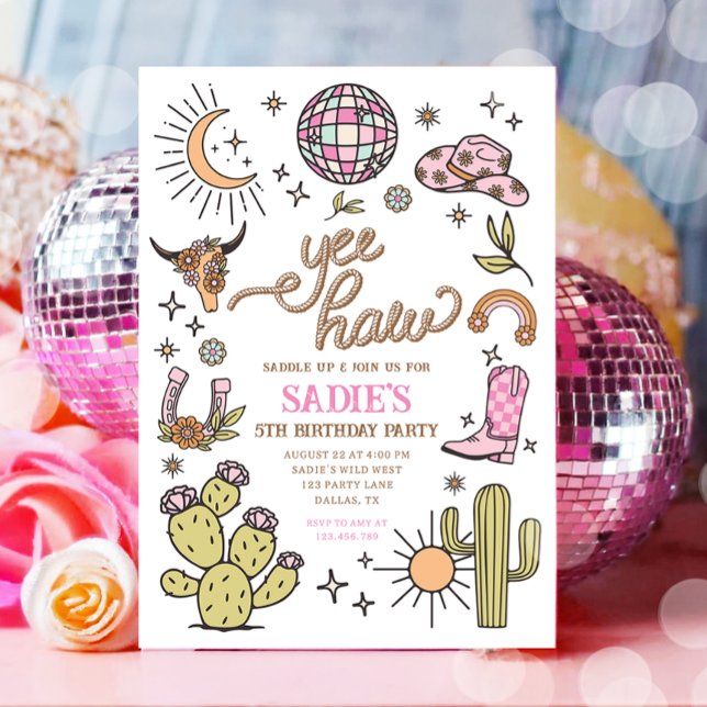 Yew Haw Girl Rodeo Retro Disco Cowgirl Birthday Einladung (Von Creator hochgeladen)