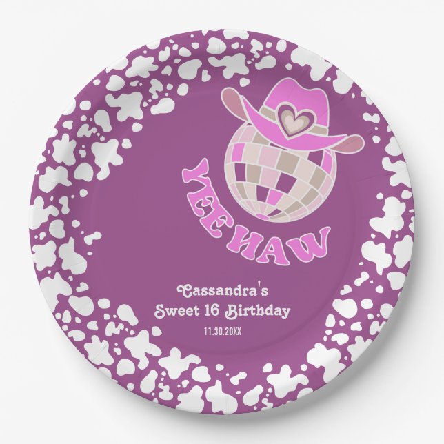 Yew Haw Lila Disco Cowgirl Rodeo Geburtstag Pappteller (Vorderseite)