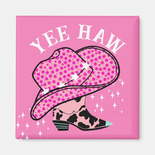 Yew Haw Pink Cowgirl Rodeo Hat Boot Magnet (Vorne)