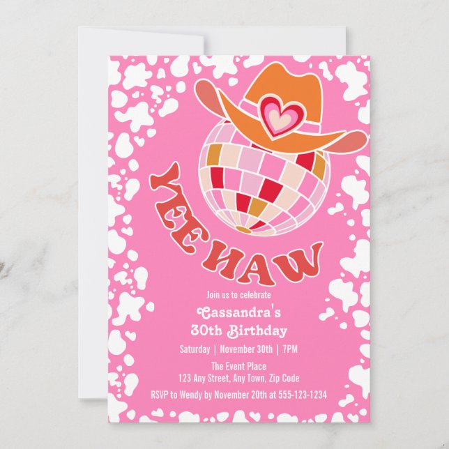 Yew Haw Pink Disco Cowgirl Rodeo Birthday Einladung (Vorderseite)