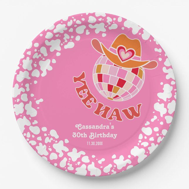 Yew Haw Pink Disco Cowgirl Rodeo Birthday Pappteller (Vorderseite)