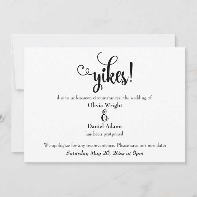 "Yikes!" Humorvolle verspätete Hochzeitserklärung Einladung (Vorderseite)
