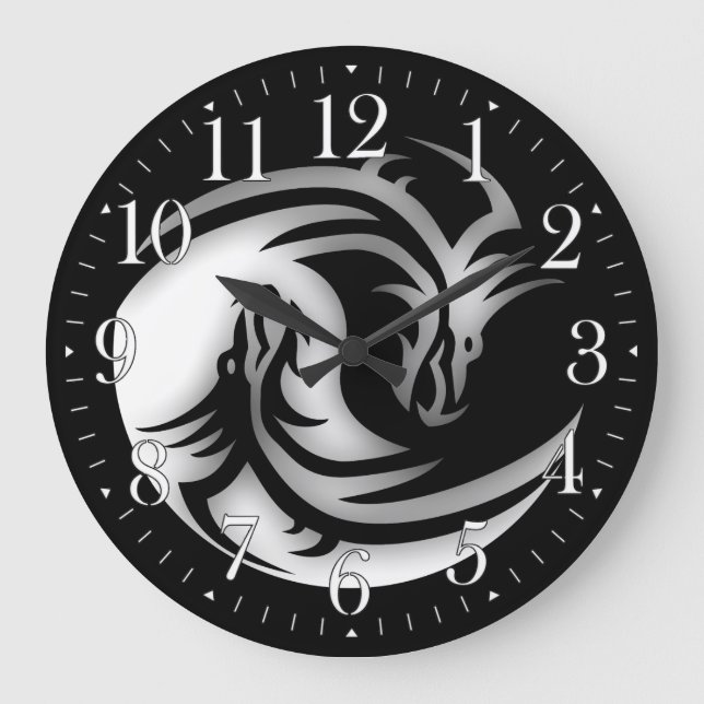 Yin and Yang Asian Dragons Große Wanduhr (Vorderseite)