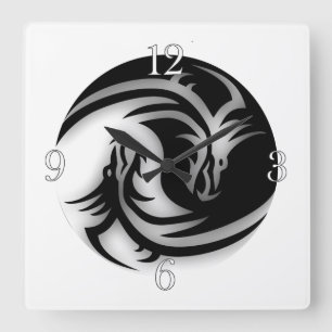 Yin and Yang Asian Dragons Quadratische Wanduhr