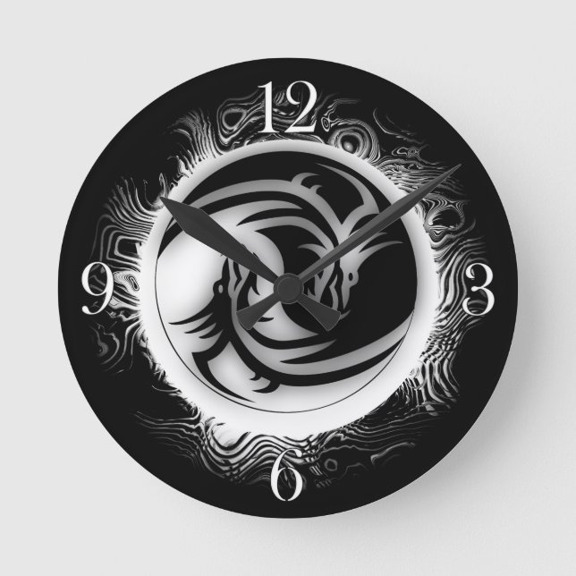 Yin and Yang Asian Dragons Runde Wanduhr (Vorderseite)