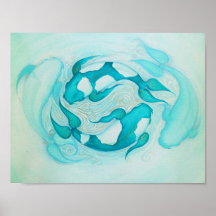 Yin and Yang Koi Carp Aqua Blue Art Print Poster