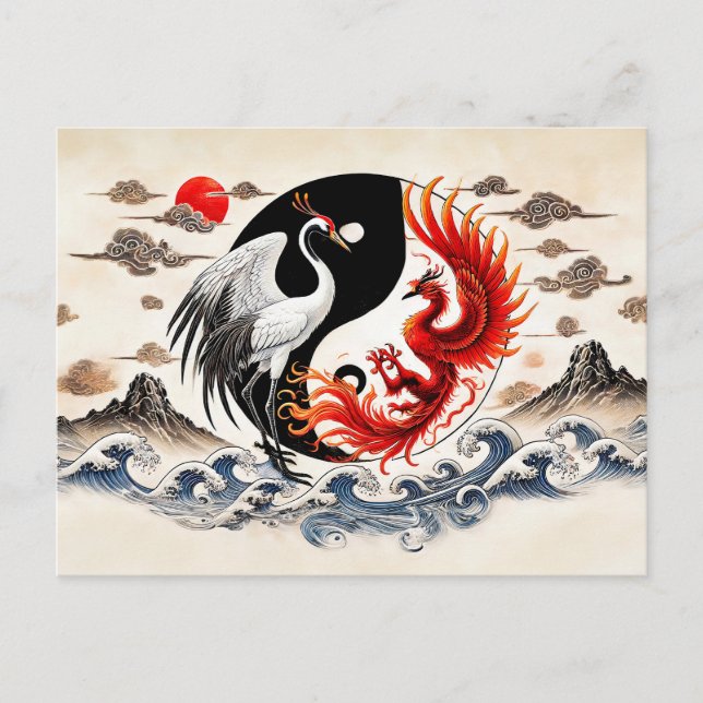 Yin und Yang Crane und Phoenix im asiatischen Kuns Postkarte (Vorderseite)