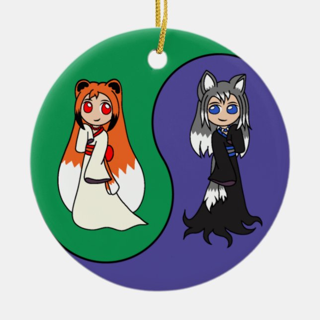 Yin und Yang die Fox-Mädchen (Kitsune) Keramikornament (Vorne)