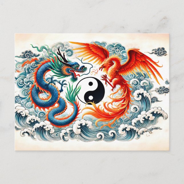 Yin und Yang Dragon und Phoenix im asiatischen Kun Postkarte (Vorderseite)