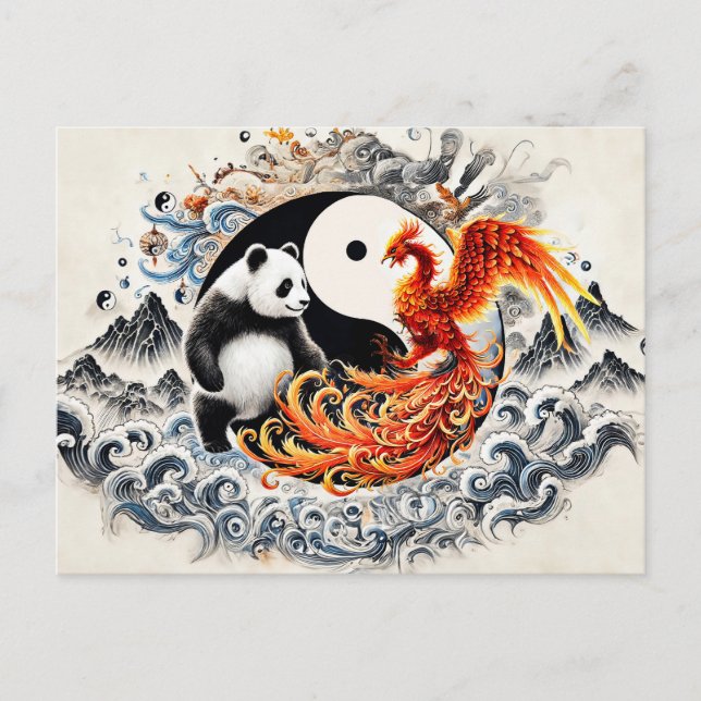 Yin und Yang Panda und Phoenix im asiatischen Stil Postkarte (Vorderseite)